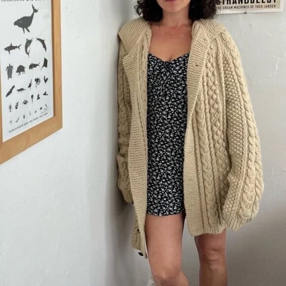 Vintage Handmade Knit/Crocheted Oatmeal Cardigan - Picture 1 of 6